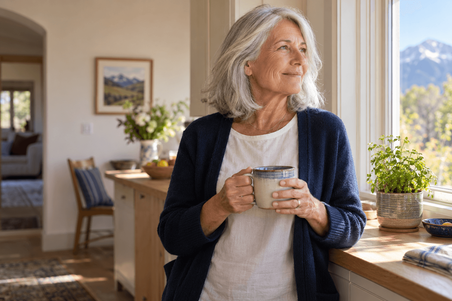 Older woman holding a mug of coffee by a sunny kitchen window with mountains outside