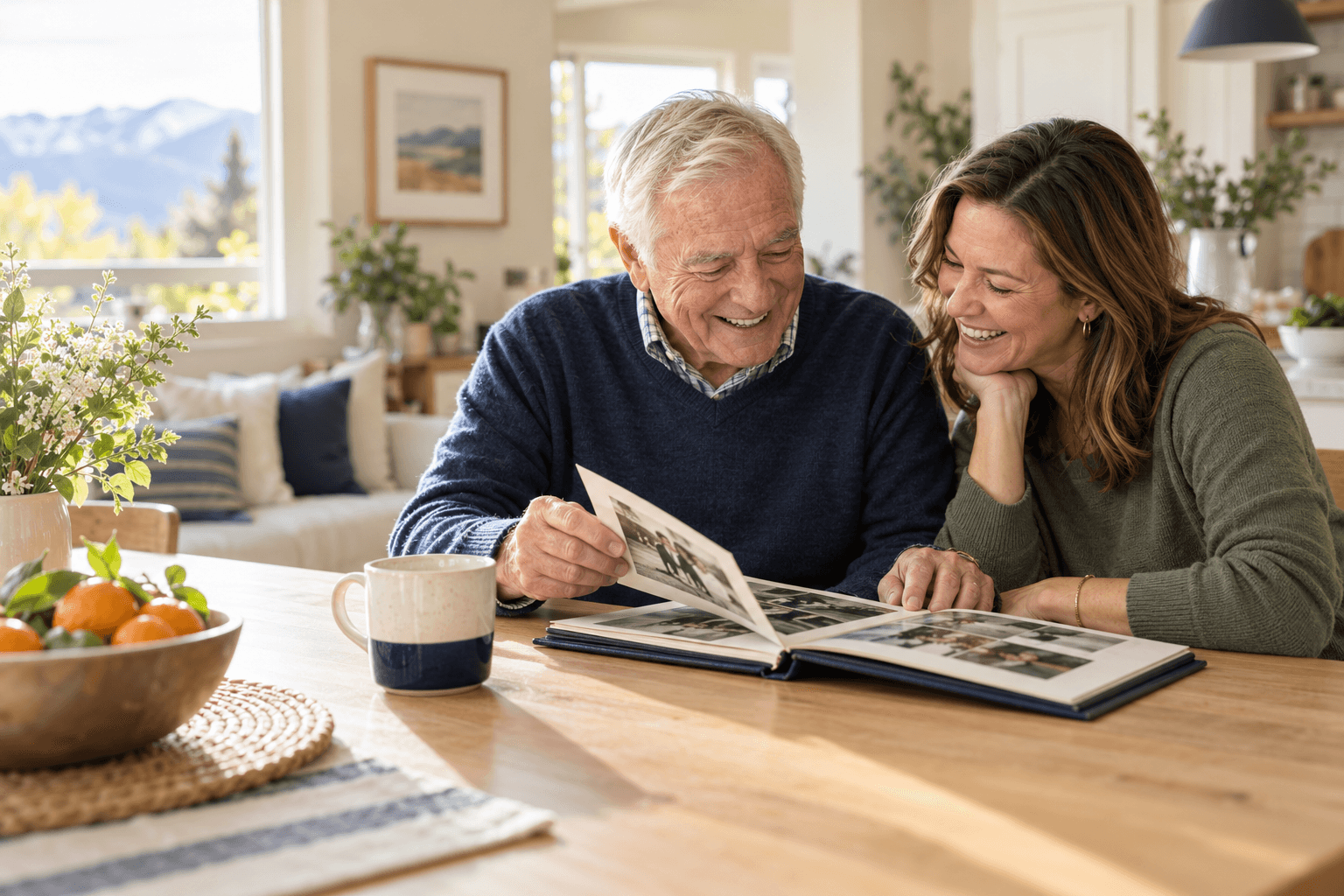 Father and adult daughter laughing over a photo album at the kitchen table