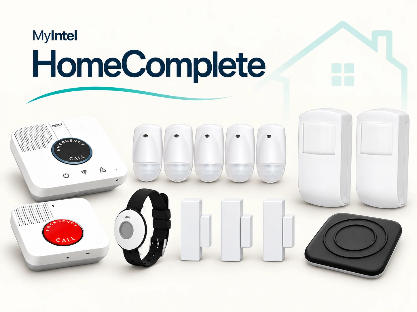 MyIntel HomeComplete lineup showing one Essence hub, one standard emergency pendant, five motion sensors, three door sensor pairs, two MDsense detectors, one VPD2 communicator and one SleepSense.