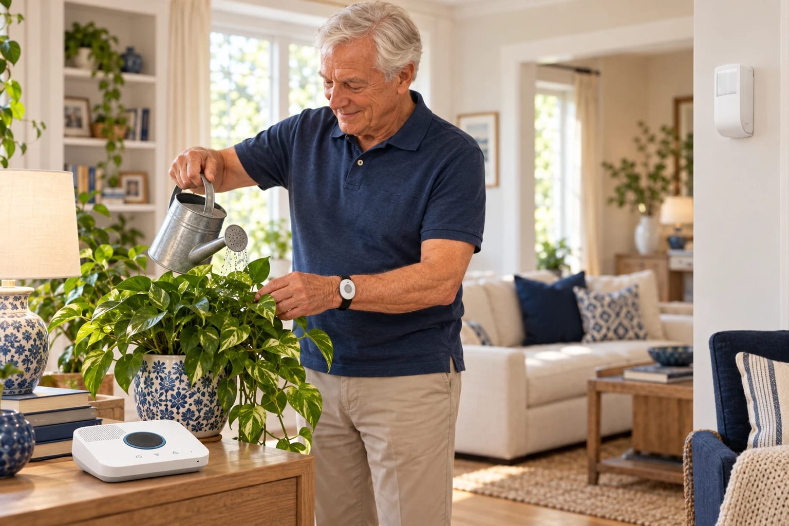 Illustrative older man watering plants in his home.