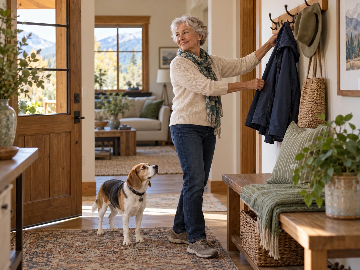 Older woman coming home from a walk with her dog.