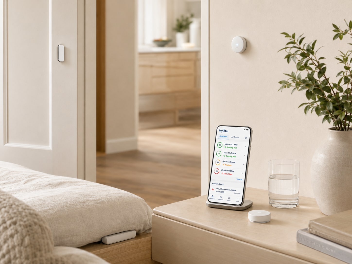 The MyIntel app on a bedside stand with discreet privacy-first sensors in a warm home
