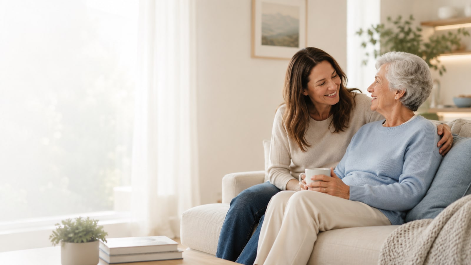 An adult daughter and her mother sharing a warm moment at home